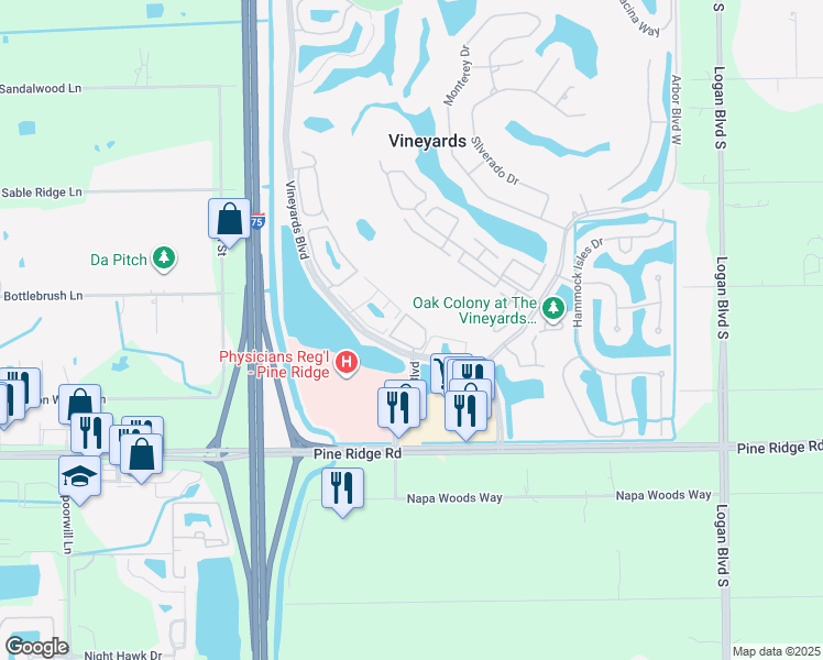 map of restaurants, bars, coffee shops, grocery stores, and more near 6120 Montelena Circle in Naples
