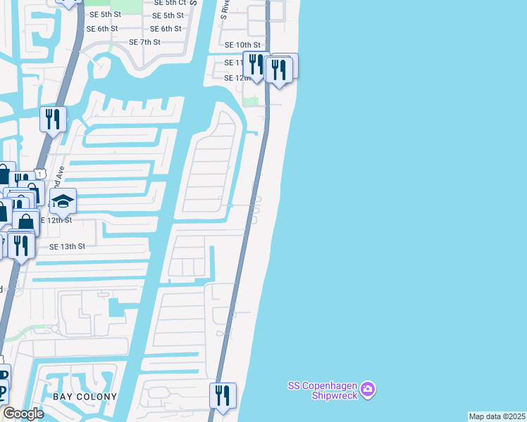 map of restaurants, bars, coffee shops, grocery stores, and more near 1400 South Ocean Boulevard in Pompano Beach