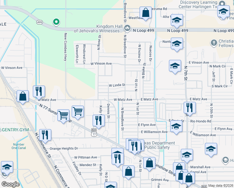 map of restaurants, bars, coffee shops, grocery stores, and more near 309 West Darrell Wayne Shipp Street in Harlingen