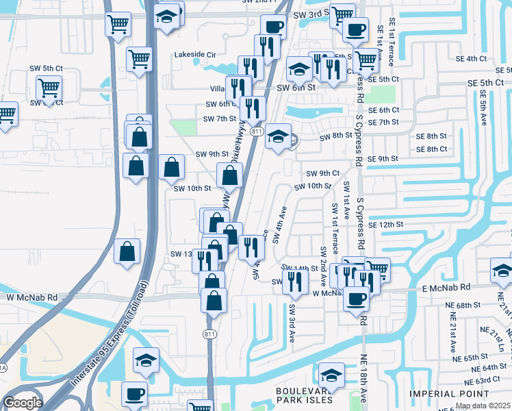 map of restaurants, bars, coffee shops, grocery stores, and more near 1145 South Flagler Avenue in Pompano Beach
