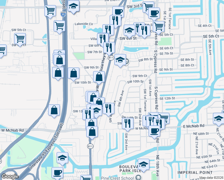 map of restaurants, bars, coffee shops, grocery stores, and more near 1145 South Flagler Avenue in Pompano Beach