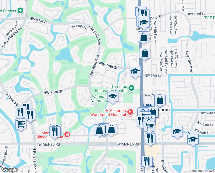 map of restaurants, bars, coffee shops, grocery stores, and more near 7560 Northwest 79th Avenue in Tamarac