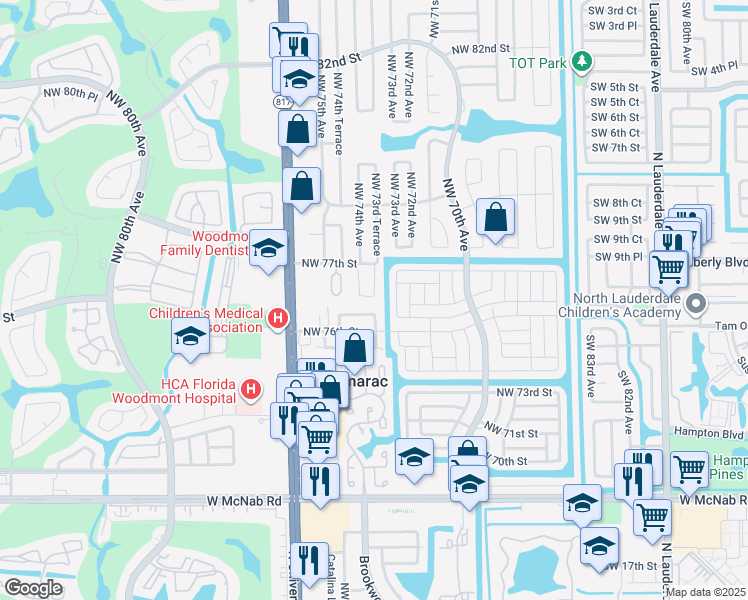 map of restaurants, bars, coffee shops, grocery stores, and more near 7620 Northwest 73rd Terrace in Tamarac