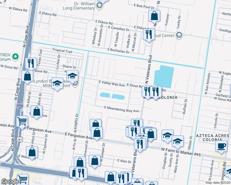 map of restaurants, bars, coffee shops, grocery stores, and more near 221 That Way in Pharr
