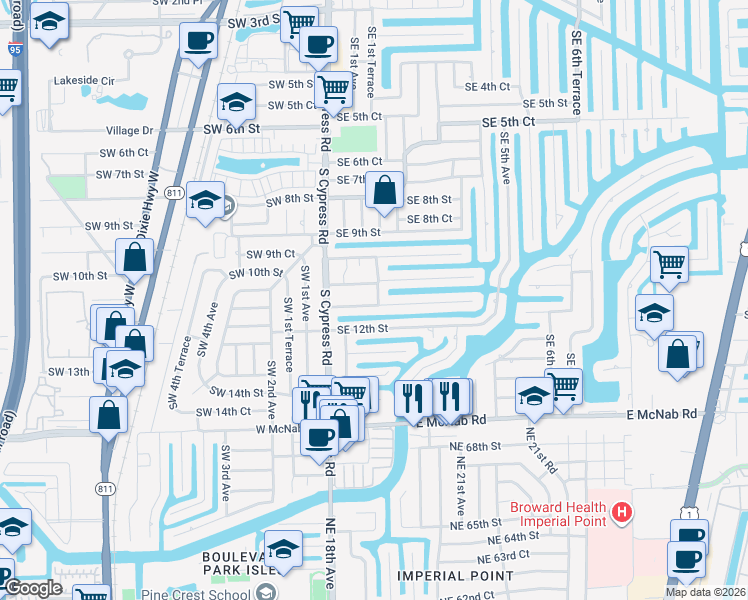 map of restaurants, bars, coffee shops, grocery stores, and more near 160 Southeast 11th Street in Pompano Beach