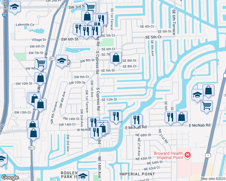 map of restaurants, bars, coffee shops, grocery stores, and more near 160 Southeast 11th Street in Pompano Beach