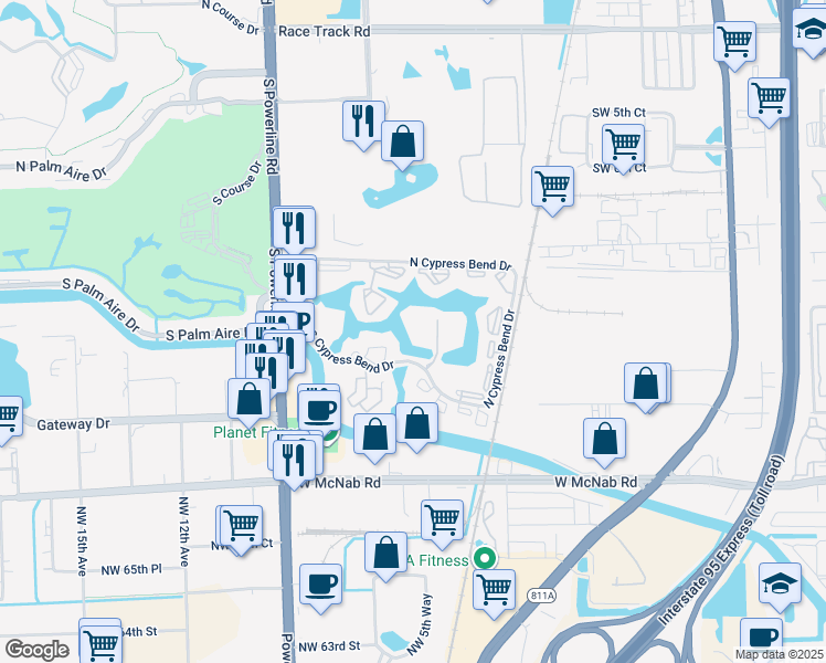 map of restaurants, bars, coffee shops, grocery stores, and more near 2217 South Cypress Bend Drive in Pompano Beach