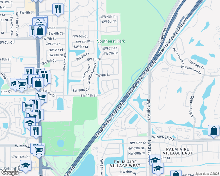 map of restaurants, bars, coffee shops, grocery stores, and more near 1071 Southwest 10th Street in Margate