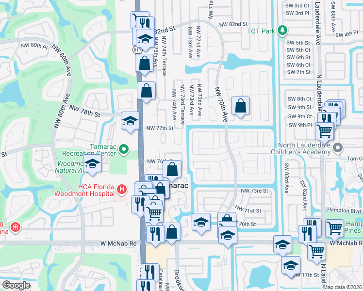 map of restaurants, bars, coffee shops, grocery stores, and more near 7620 Northwest 73rd Terrace in Tamarac