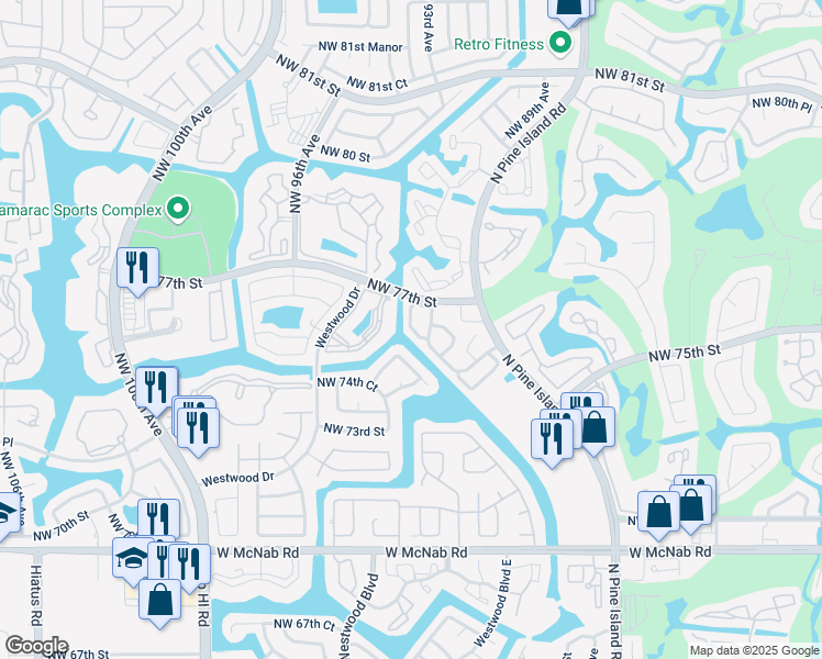 map of restaurants, bars, coffee shops, grocery stores, and more near 9403 Northwest 74th Place in Tamarac