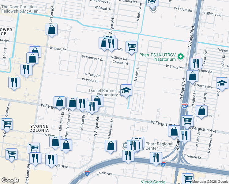 map of restaurants, bars, coffee shops, grocery stores, and more near 2103 North Paradise Drive in Pharr