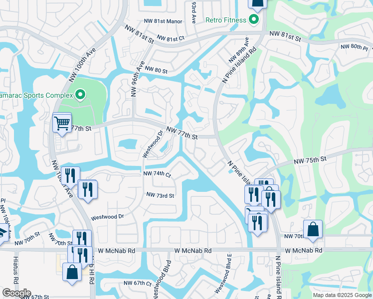 map of restaurants, bars, coffee shops, grocery stores, and more near 9403 Northwest 74th Place in Tamarac