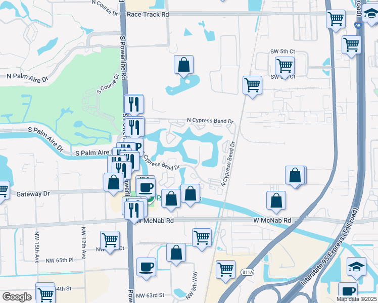 map of restaurants, bars, coffee shops, grocery stores, and more near 2217 South Cypress Bend Drive in Pompano Beach