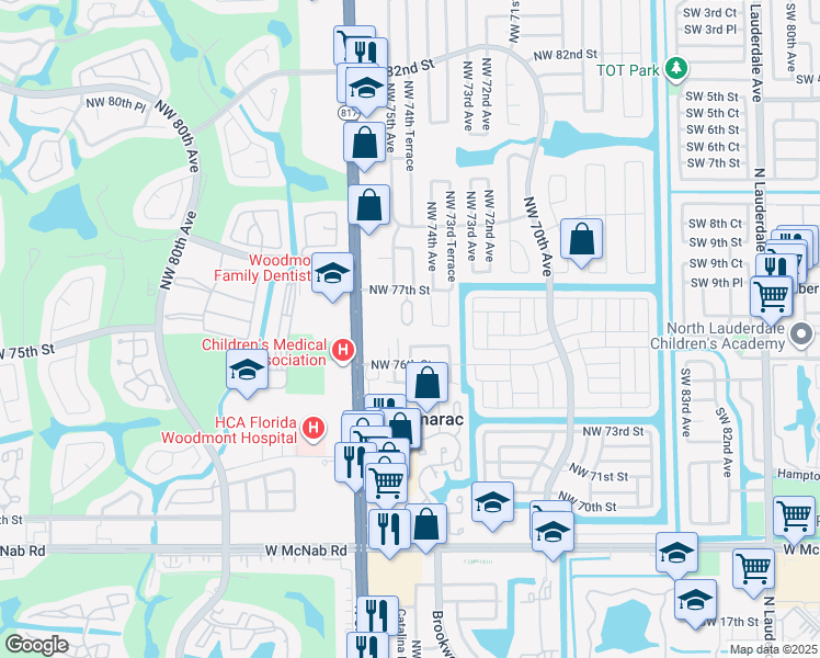 map of restaurants, bars, coffee shops, grocery stores, and more near 7409 Northwest 76th Court in Tamarac