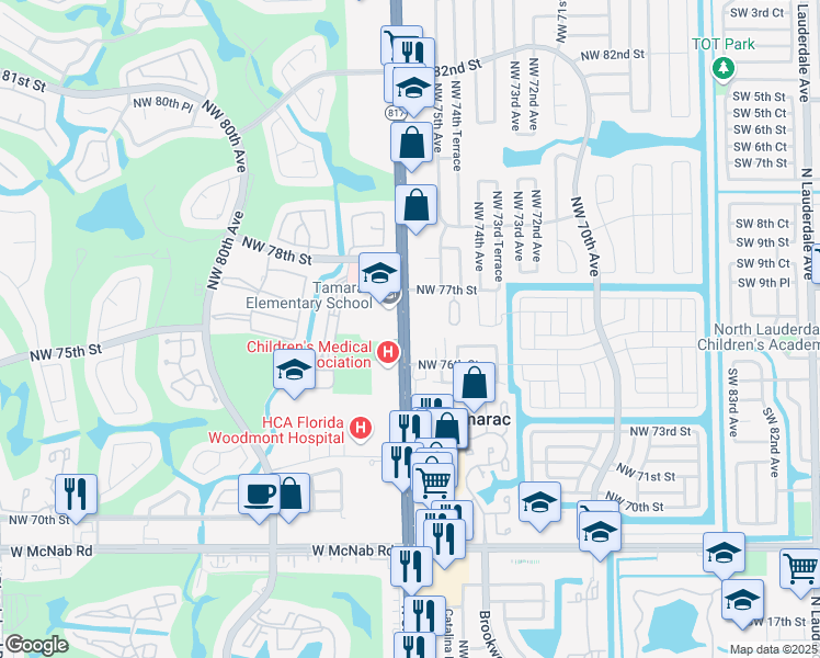 map of restaurants, bars, coffee shops, grocery stores, and more near 7640 North University Drive in Tamarac