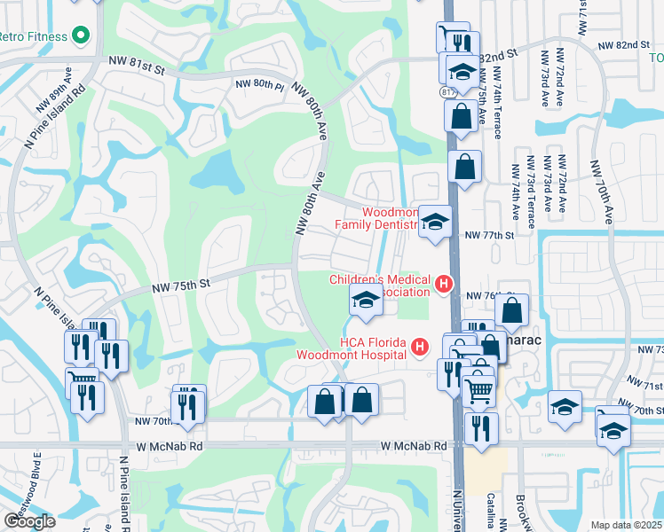 map of restaurants, bars, coffee shops, grocery stores, and more near 7531 Northwest 79th Avenue in Tamarac