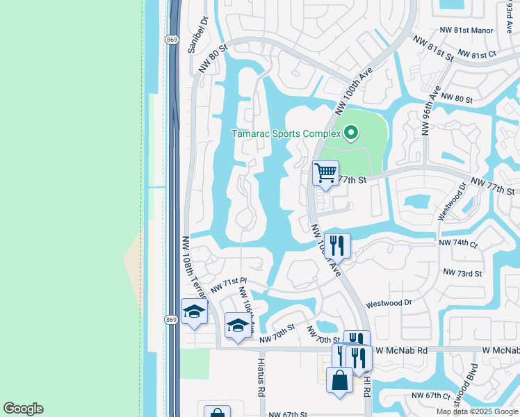 map of restaurants, bars, coffee shops, grocery stores, and more near 7348 Fairfax Drive in Tamarac