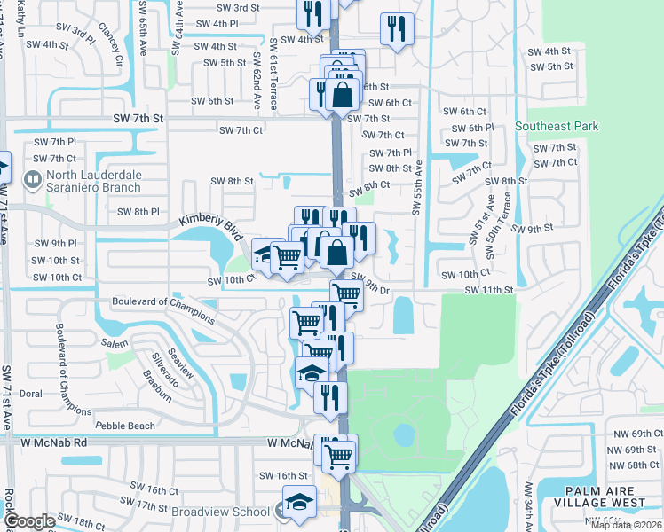 map of restaurants, bars, coffee shops, grocery stores, and more near 6000 Kimberly Boulevard in North Lauderdale