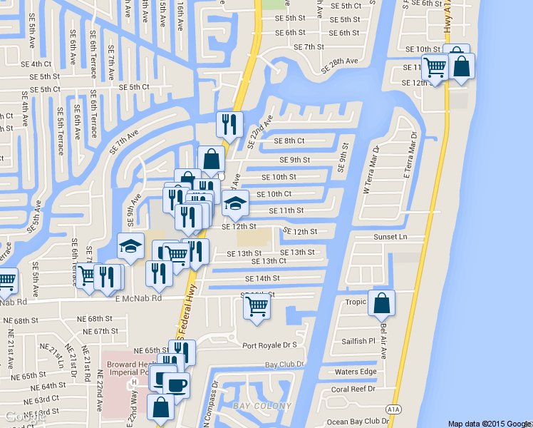 map of restaurants, bars, coffee shops, grocery stores, and more near 2401 Southeast 12th Street in Pompano Beach