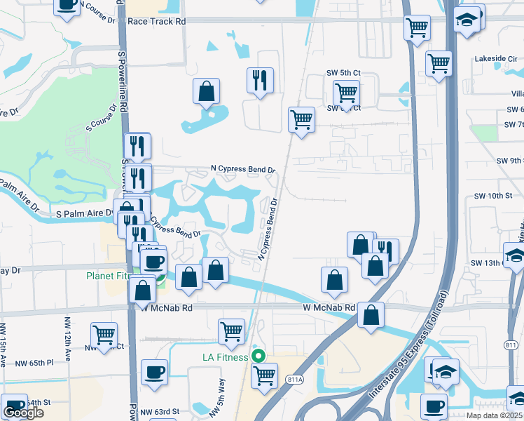 map of restaurants, bars, coffee shops, grocery stores, and more near 2108 South Cypress Bend Drive in Pompano Beach