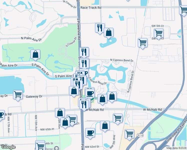 map of restaurants, bars, coffee shops, grocery stores, and more near 2305 South Cypress Bend Drive in Pompano Beach