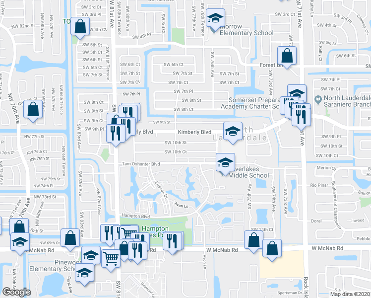 map of restaurants, bars, coffee shops, grocery stores, and more near 7726 Southwest 10th Court in North Lauderdale