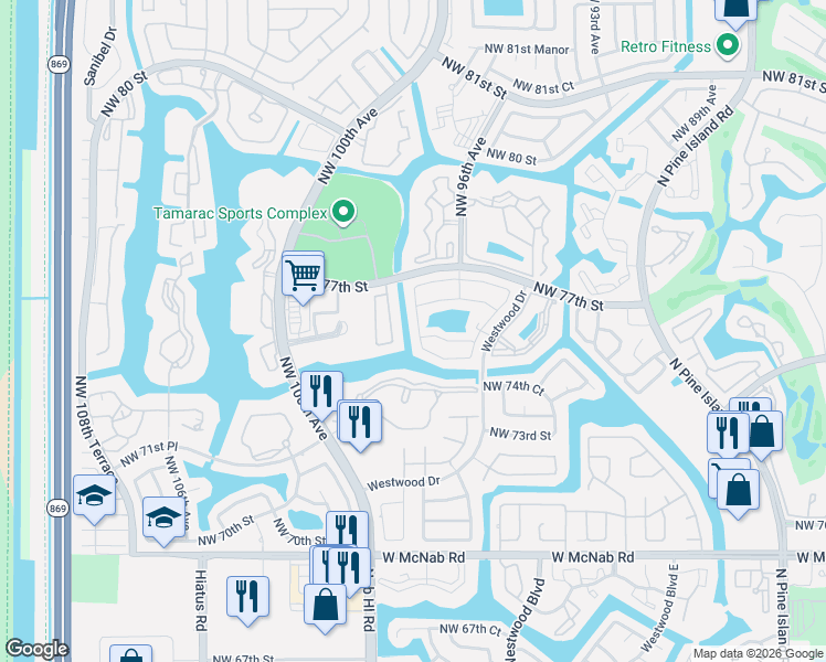 map of restaurants, bars, coffee shops, grocery stores, and more near 7525 Northwest 99th Avenue in Tamarac