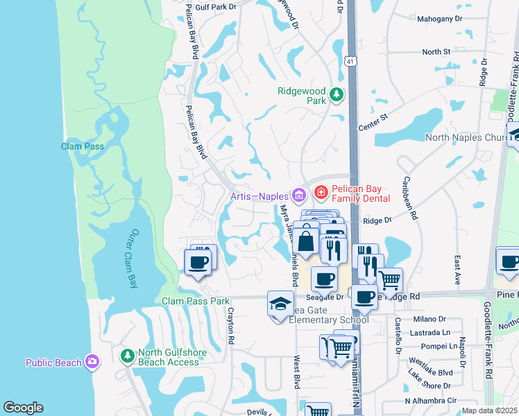 map of restaurants, bars, coffee shops, grocery stores, and more near 557 Tierra Mar Lane West in Naples