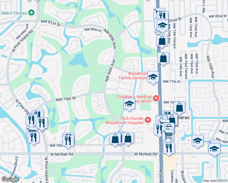 map of restaurants, bars, coffee shops, grocery stores, and more near 7531 Northwest 79th Avenue in Tamarac
