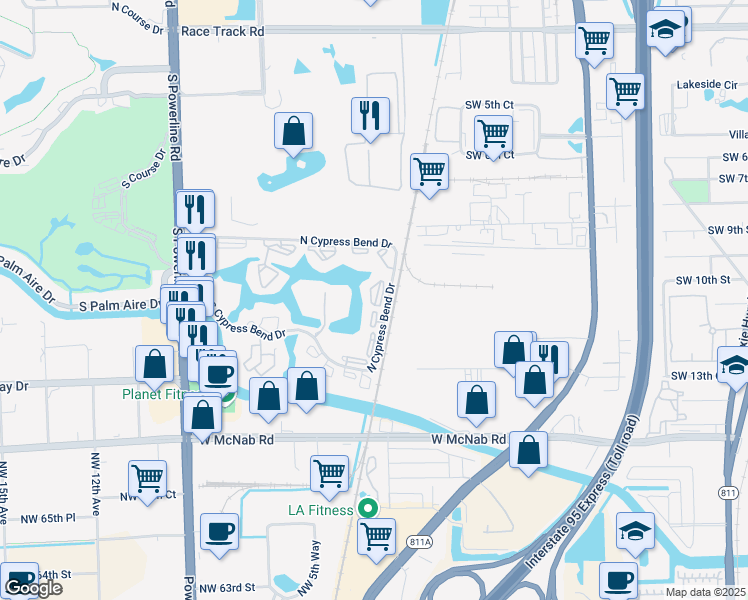 map of restaurants, bars, coffee shops, grocery stores, and more near 2108 South Cypress Bend Drive in Pompano Beach