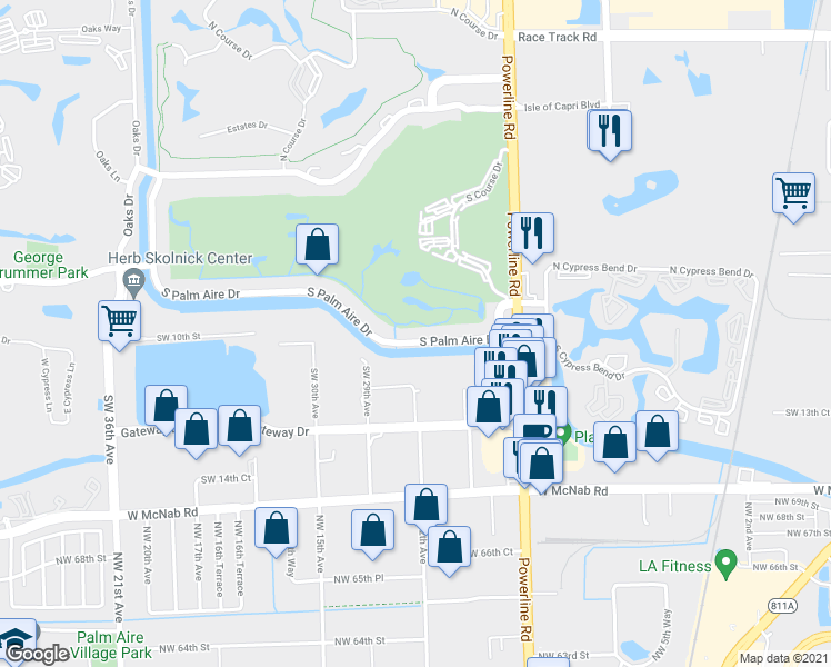 map of restaurants, bars, coffee shops, grocery stores, and more near 2721 South Palm Aire Drive in Pompano Beach