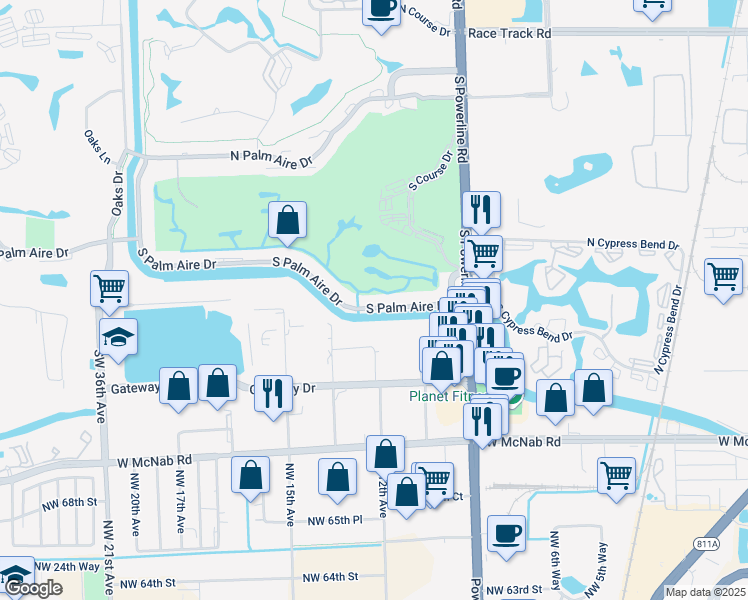 map of restaurants, bars, coffee shops, grocery stores, and more near 2721 South Palm Aire Drive in Pompano Beach