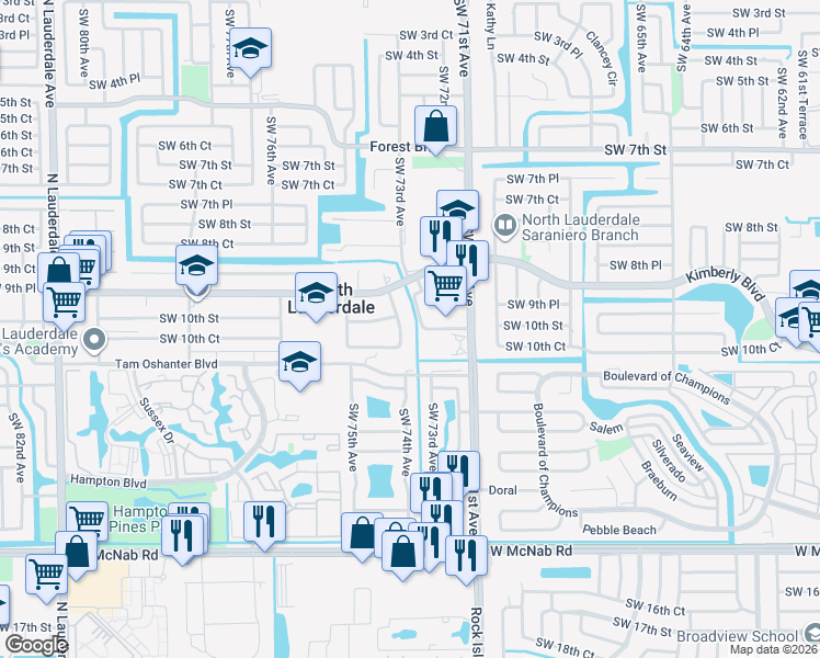 map of restaurants, bars, coffee shops, grocery stores, and more near 962 Southwest 74th Avenue in North Lauderdale