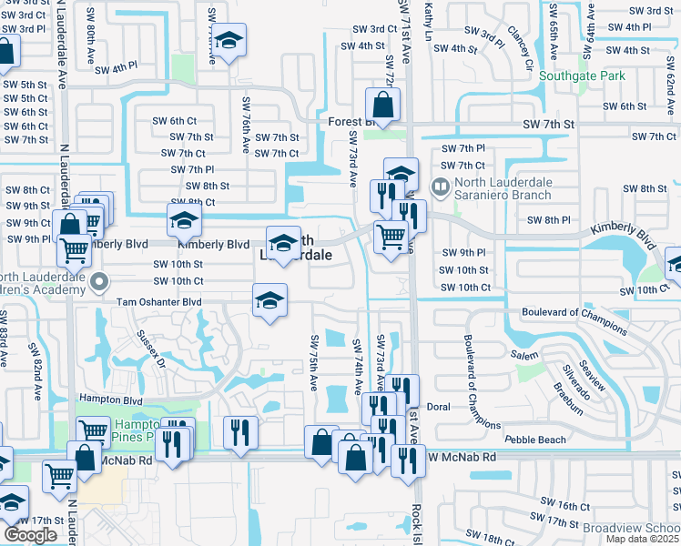 map of restaurants, bars, coffee shops, grocery stores, and more near 7471 Tam Oshanter Boulevard in North Lauderdale