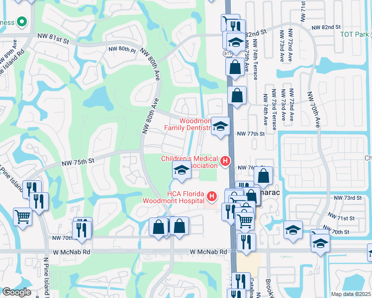 map of restaurants, bars, coffee shops, grocery stores, and more near 7750 Northwest 78th Avenue in Tamarac