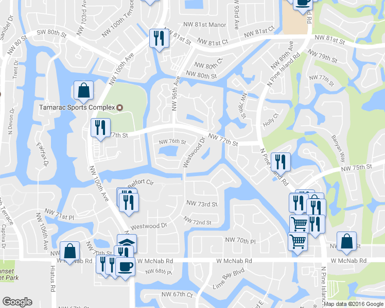 map of restaurants, bars, coffee shops, grocery stores, and more near 7530 Northwest 96th Terrace in Tamarac