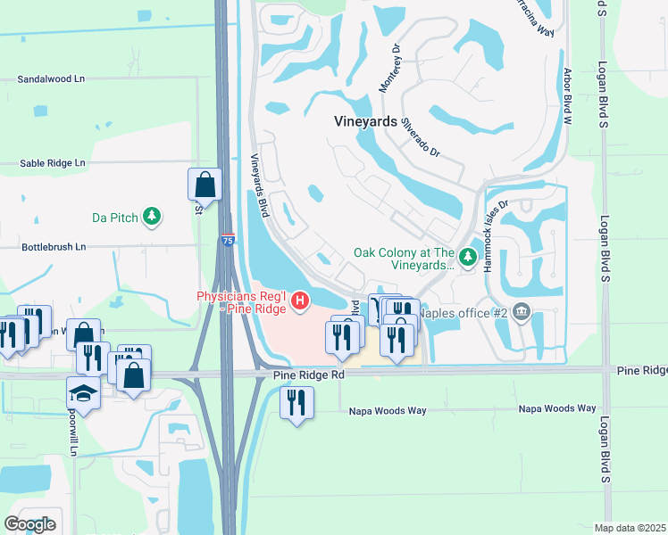 map of restaurants, bars, coffee shops, grocery stores, and more near 6120 Montelena Circle in Naples