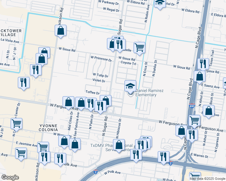 map of restaurants, bars, coffee shops, grocery stores, and more near 2103 North Paradise Drive in Pharr