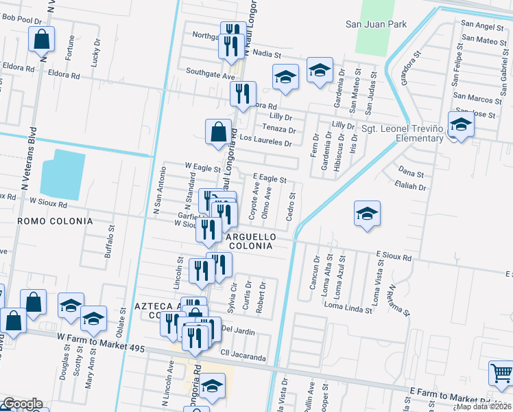 map of restaurants, bars, coffee shops, grocery stores, and more near 2108 North Coyote Street in San Juan