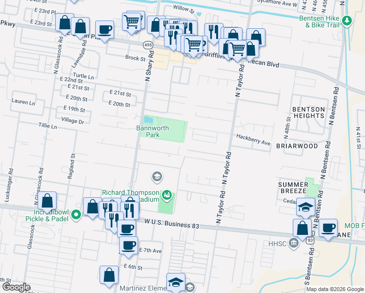 map of restaurants, bars, coffee shops, grocery stores, and more near 2418 Sunset Lane in Mission