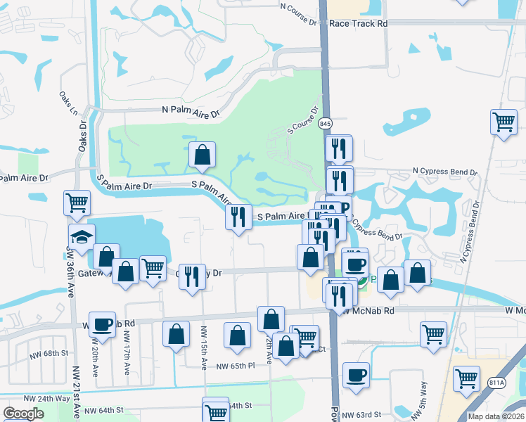 map of restaurants, bars, coffee shops, grocery stores, and more near 2721 South Palm Aire Drive in Pompano Beach