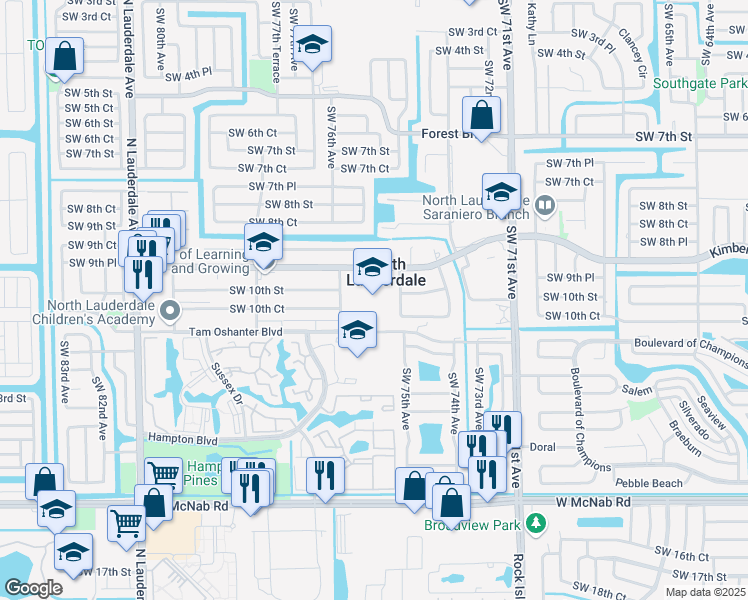 map of restaurants, bars, coffee shops, grocery stores, and more near 7500 Kimberly Boulevard in North Lauderdale