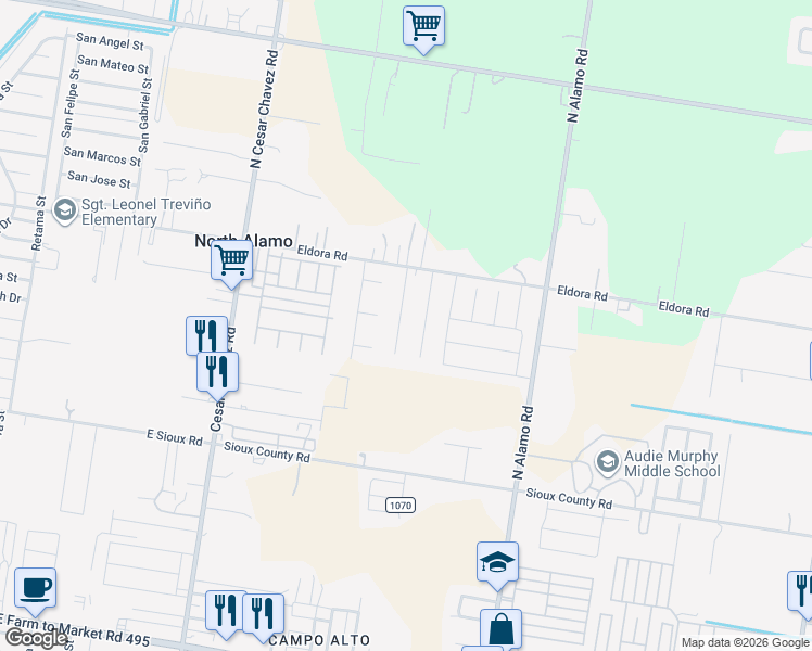 map of restaurants, bars, coffee shops, grocery stores, and more near 1311 Sunshine Drive in Alamo