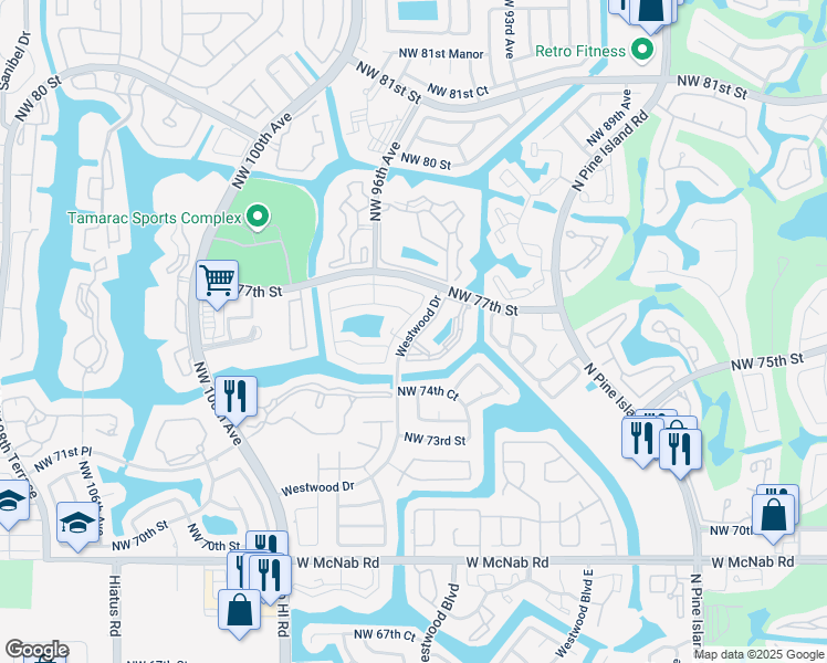 map of restaurants, bars, coffee shops, grocery stores, and more near 7530 Northwest 96th Terrace in Tamarac