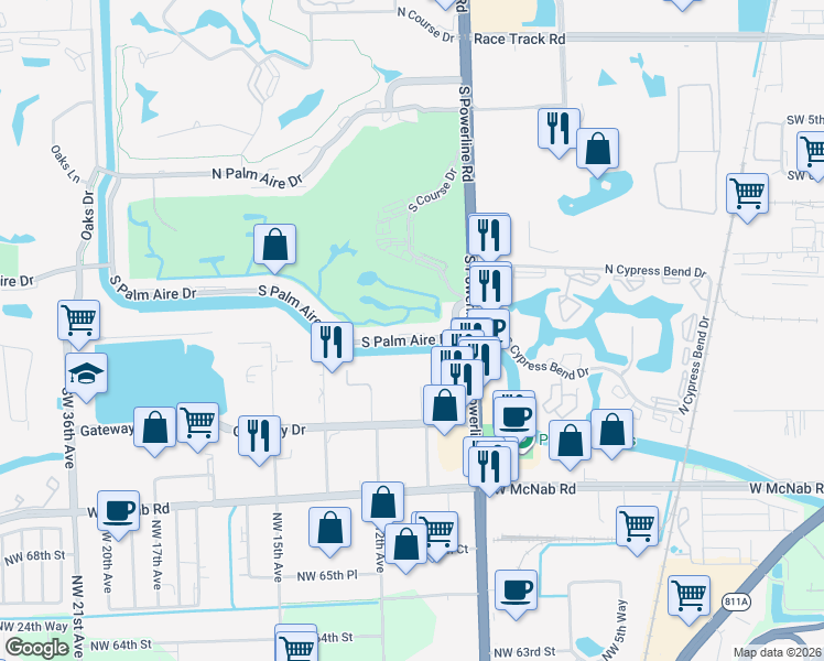 map of restaurants, bars, coffee shops, grocery stores, and more near 2651 South Palm Aire Drive in Pompano Beach