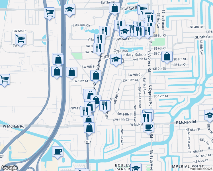 map of restaurants, bars, coffee shops, grocery stores, and more near 1000 South Dixie Highway in Pompano Beach