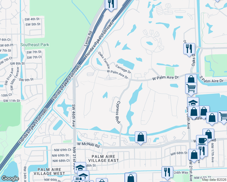 map of restaurants, bars, coffee shops, grocery stores, and more near 4110 West Palm Aire Drive in Pompano Beach