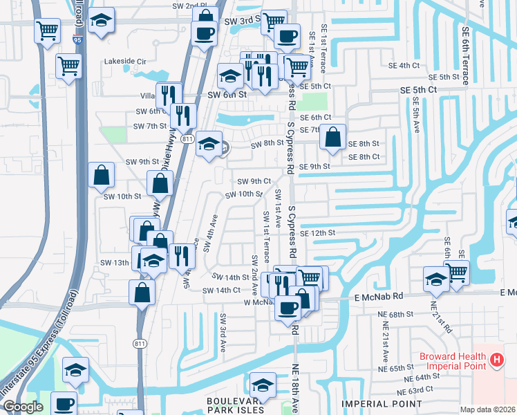map of restaurants, bars, coffee shops, grocery stores, and more near 160 Southwest 10th Street in Pompano Beach