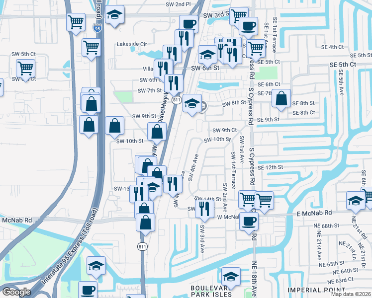 map of restaurants, bars, coffee shops, grocery stores, and more near 1016 Southwest 4th Terrace in Pompano Beach