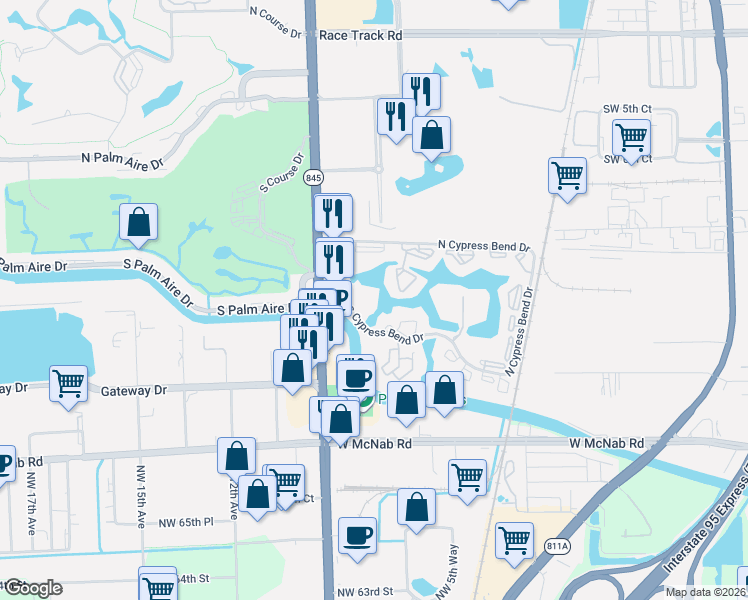 map of restaurants, bars, coffee shops, grocery stores, and more near 2334 South Cypress Bend Drive in Pompano Beach